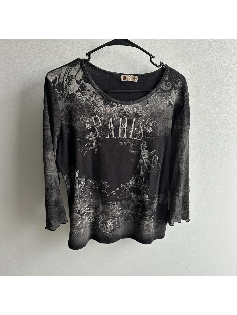 Vintage Y2K Paris Women’s L Black Top Blouse Goth Dark Whimsygoth Size L